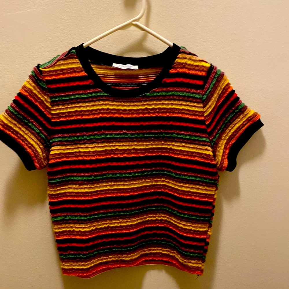 Zara Knit Striped Rainbow Short Sleeve Sweater Top Sz M